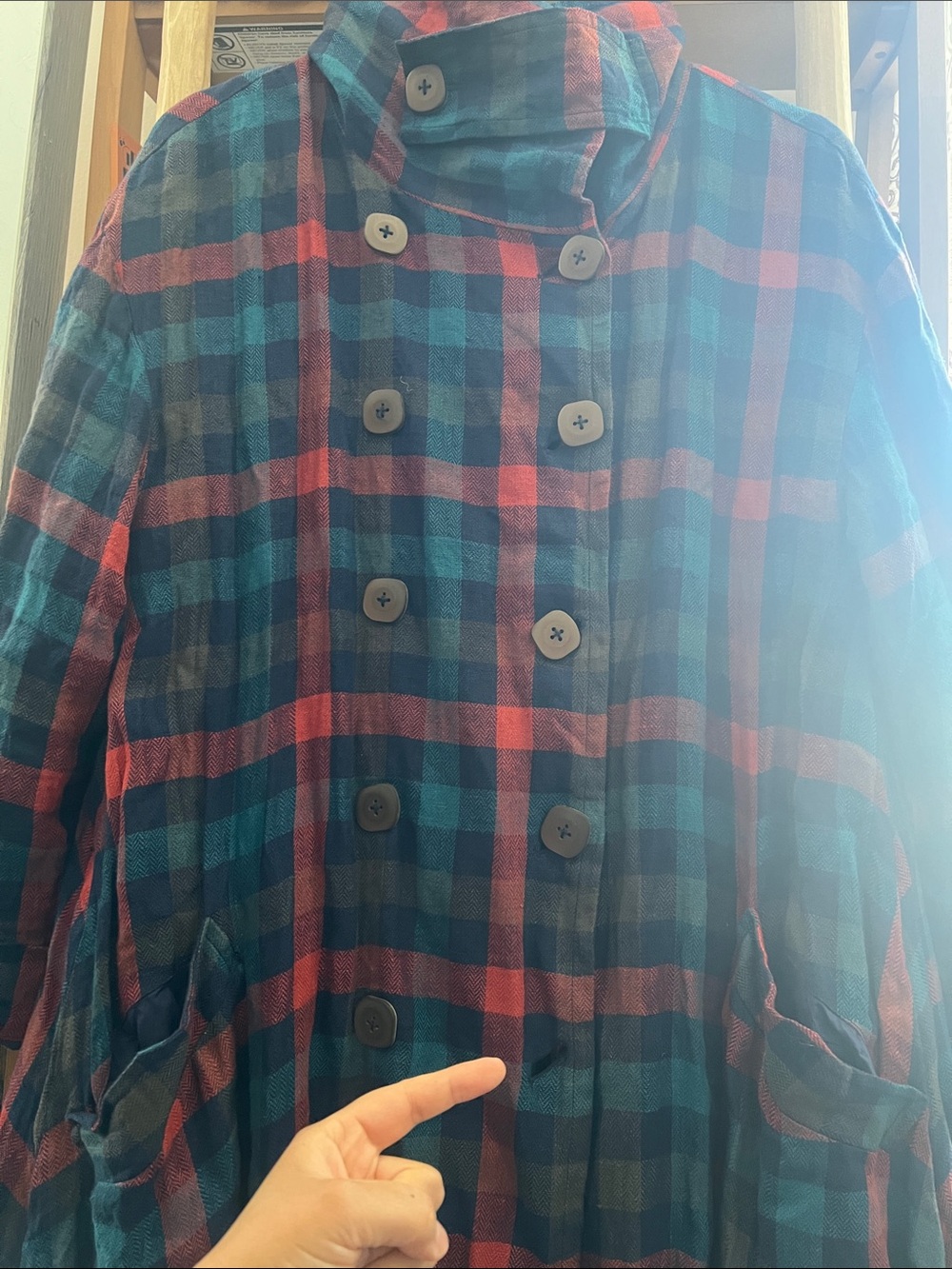 Plaid Double-Breasted Women's Coat - Red & Blue - Picture 4 of 5